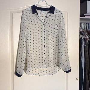 Navy and cream polka dot button up blouse